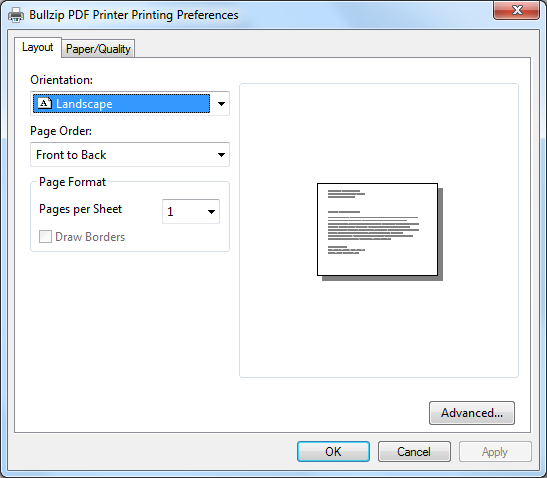 PDF Printer Properties - Landscape